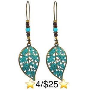 Turquoise & Bronze Beaded Leaf Dangling Drop Pierced Earrings
